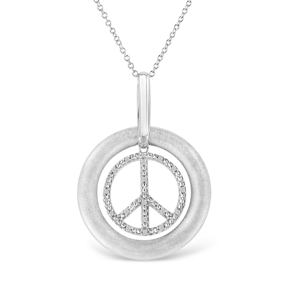 Collar con dije de 18 pulgadas de plata de ley .925 con acabado mate y acento de diamante en forma de símbolo de la paz "bailarín" (color I-J, claridad I1-I2)