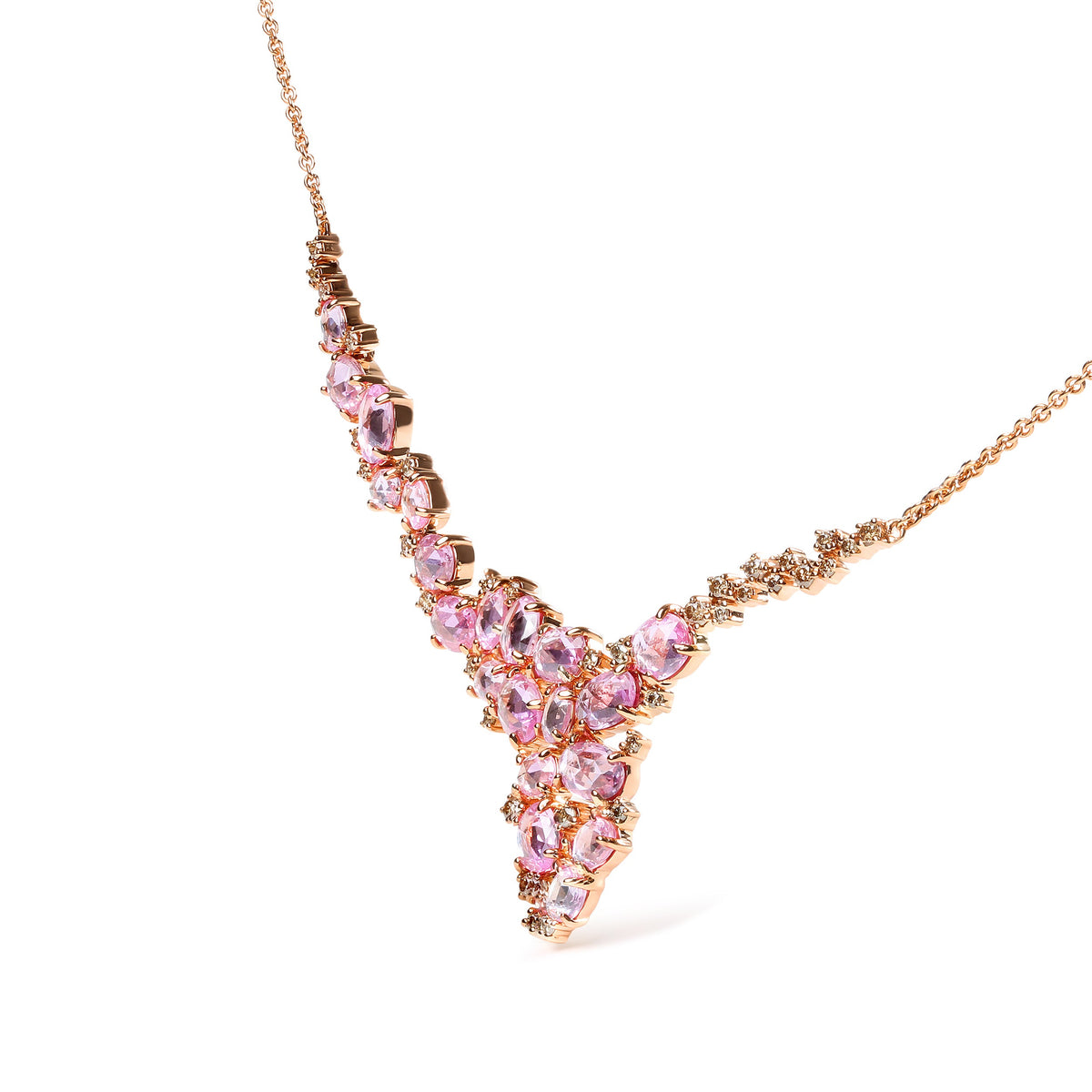 Collar con colgante en cascada de oro rosa de 18K con diamantes marrones de 1/2 quilate y zafiros rosas ovalados de varios tamaños (color marrón, claridad SI1-SI2) - Ajustable de 14" a 16"