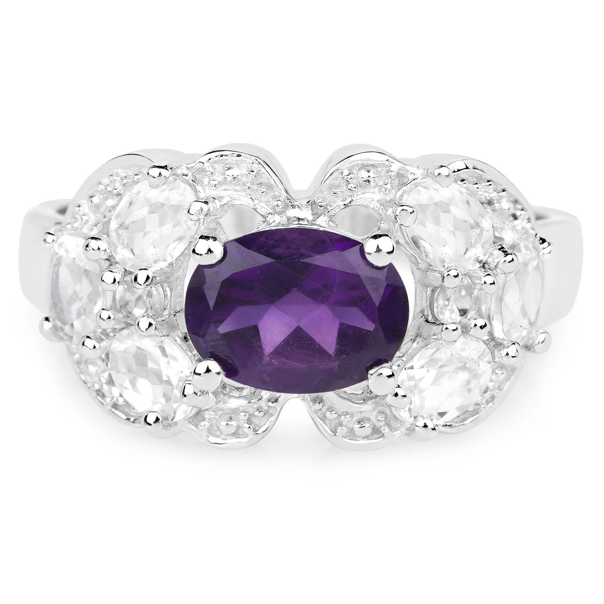 Anillo de plata de ley .925 con amatista genuina de 2.75 quilates y circonia blanca
