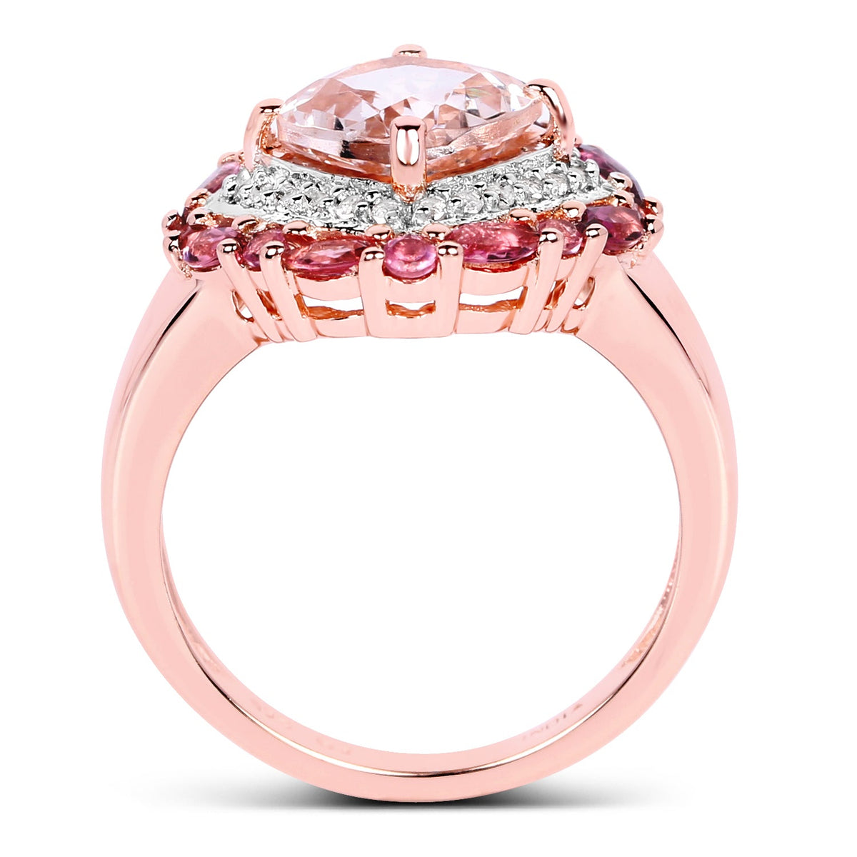 Anillo de plata de ley .925 chapado en oro rosa de 14 quilates con morganita auténtica de 3,11 quilates, turmalina rosa y topacio blanco