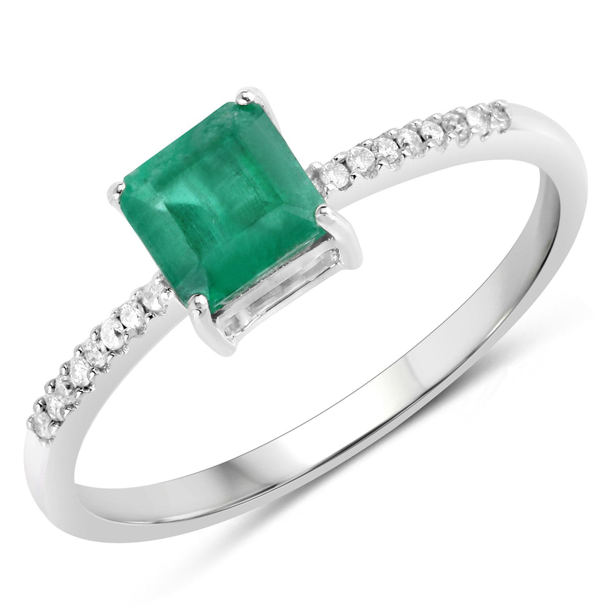 Anillo de oro blanco de 14 quilates con esmeralda zambiana auténtica de 0,64 quilates y diamantes blancos