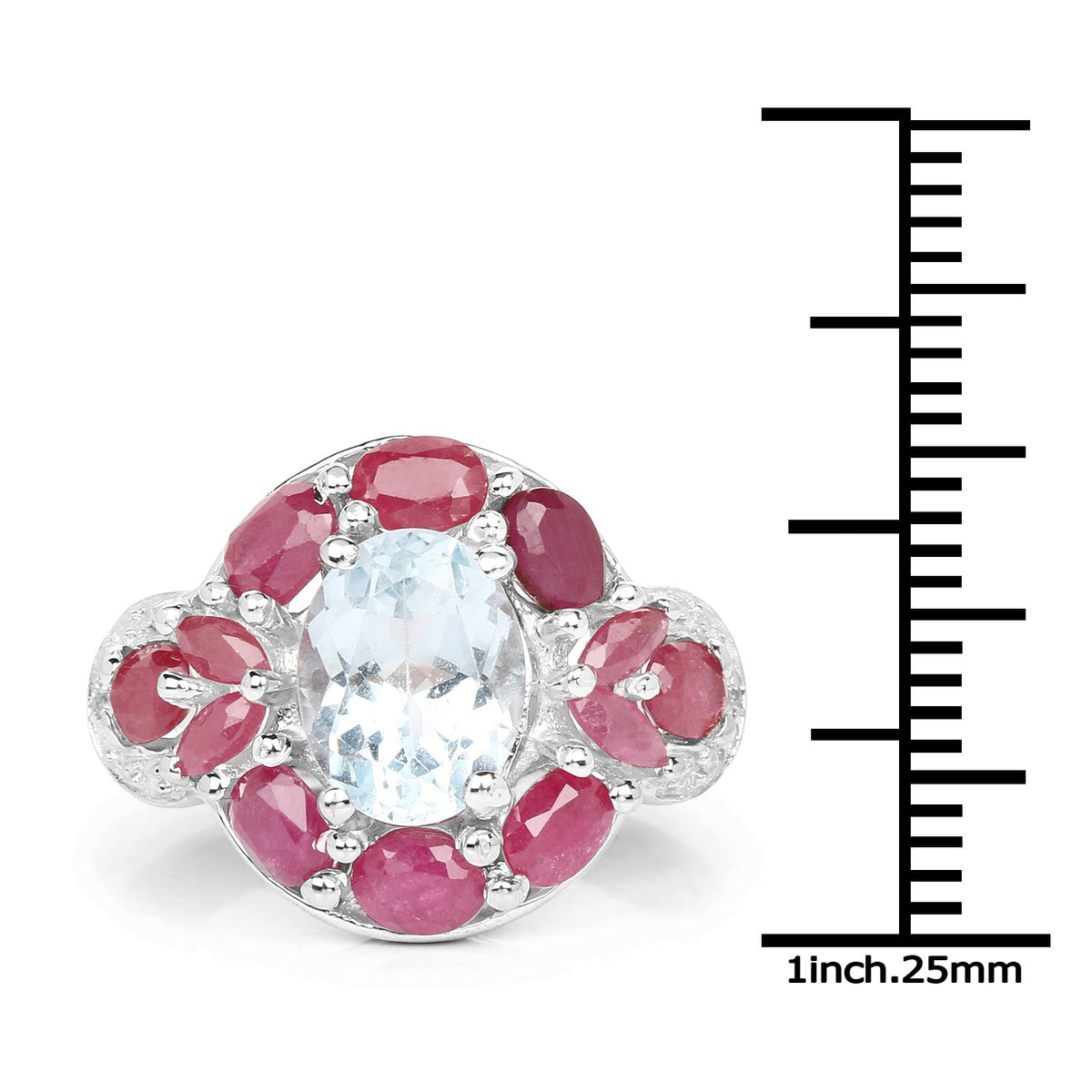 Anillo de plata de ley .925 con aguamarina, rubí y topacio blanco genuinos de 3.54 quilates