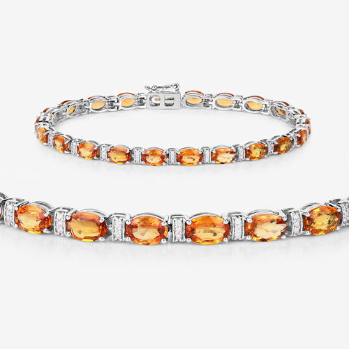 Pulsera de oro blanco de 14 quilates con zafiro naranja genuino de 16,73 quilates y diamantes blancos