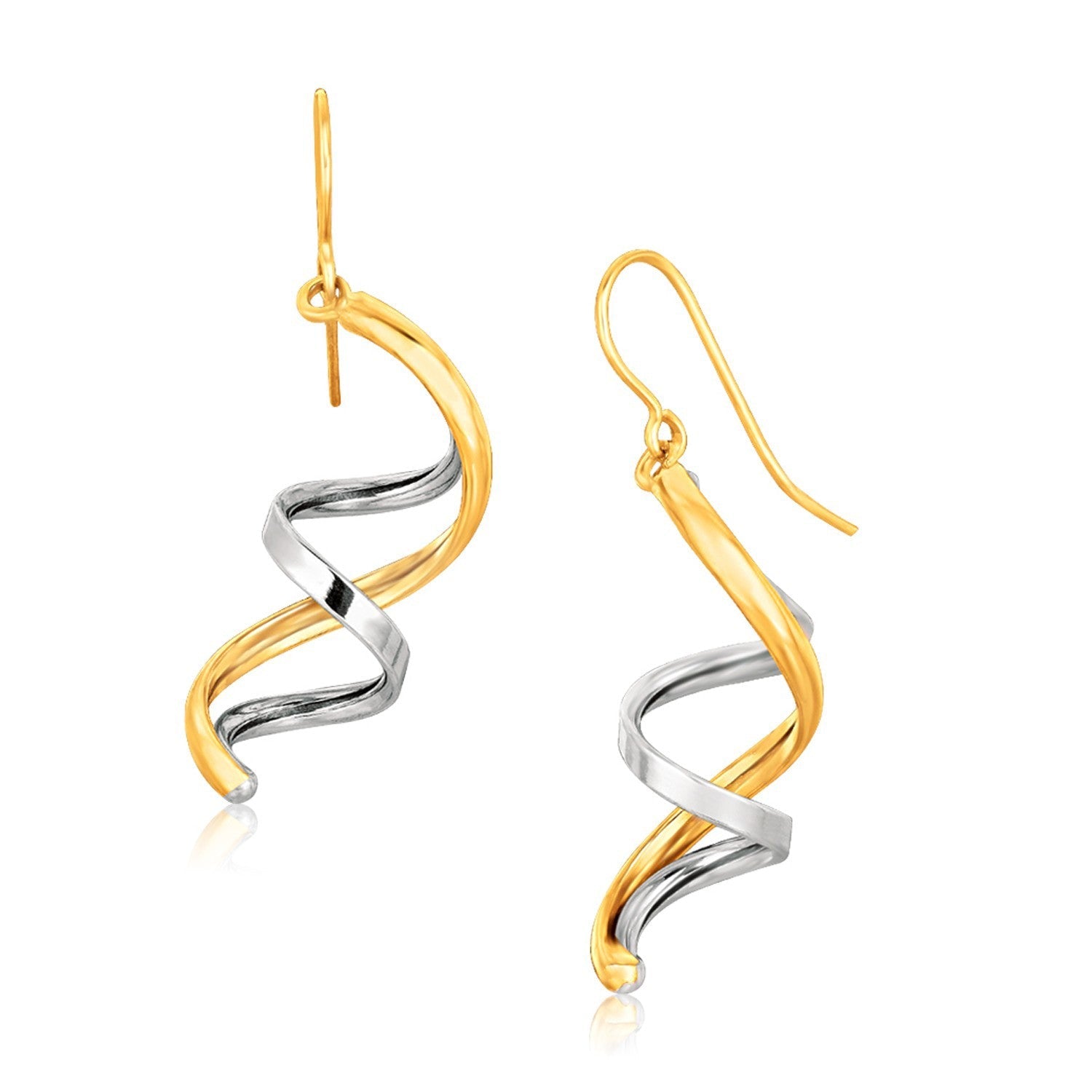 Pendientes colgantes pulidos de doble hélice de oro bicolor de 14k
