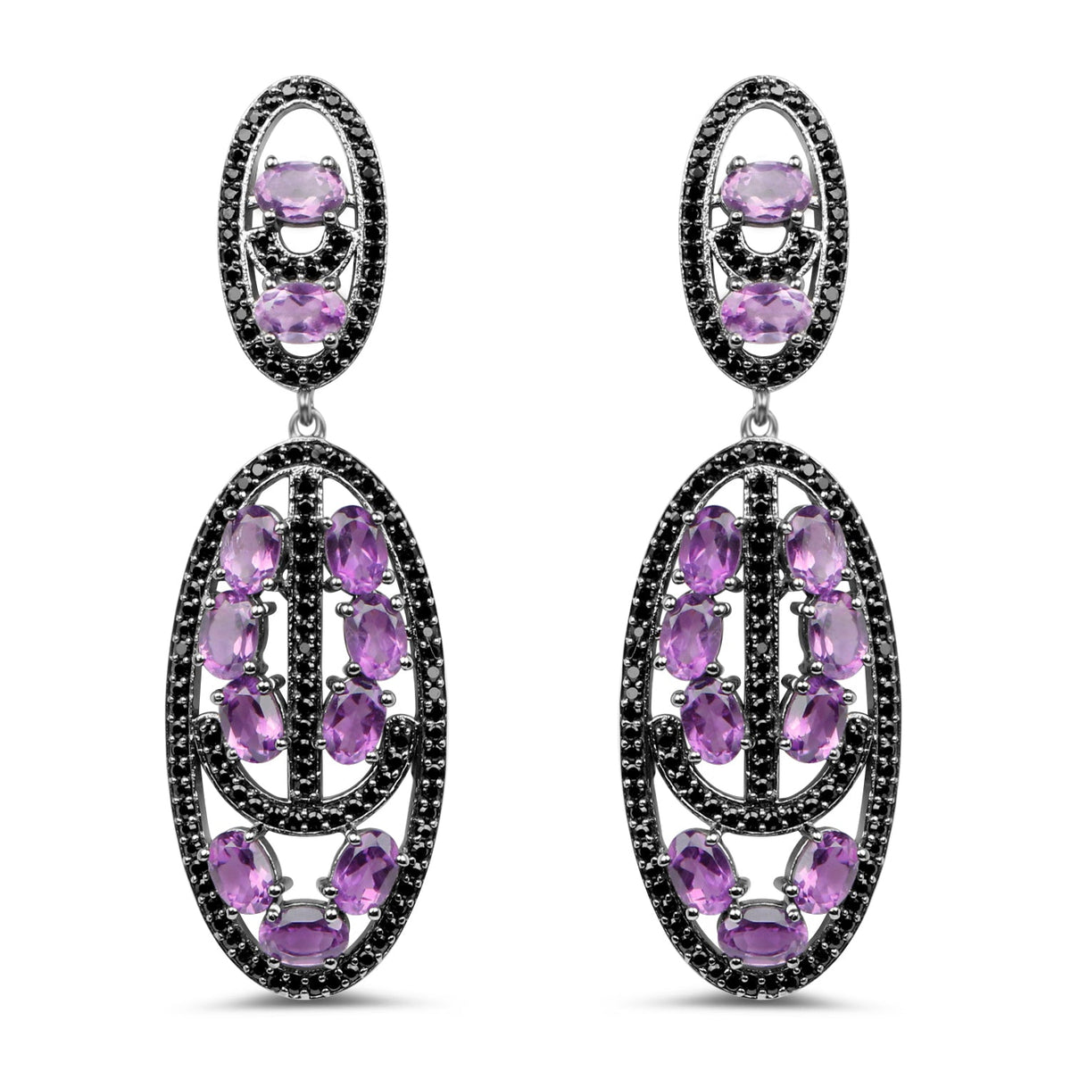 Pendientes de Plata Fina .925 con Amatista Genuina y Espinela Negra de 12.45 Quilates