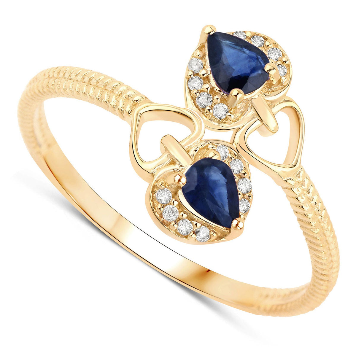 Anillo de oro amarillo de 14 quilates con zafiro azul auténtico de 0,34 quilates y diamantes blancos