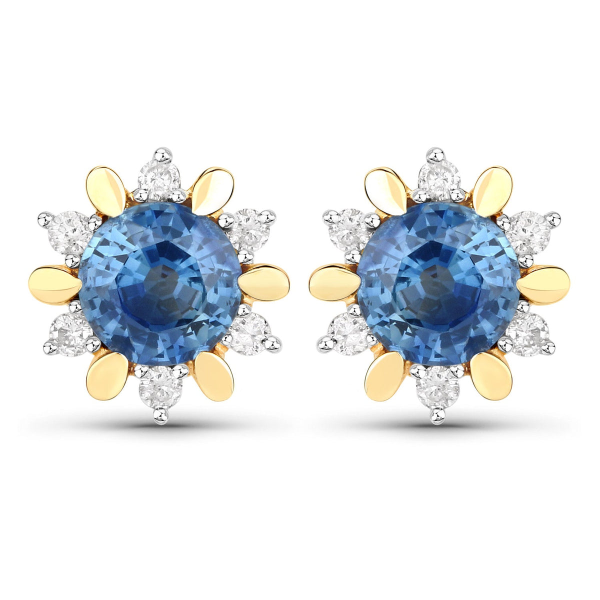 Pendientes de oro amarillo de 14 quilates con zafiro azul genuino de 1,87 quilates y diamantes blancos