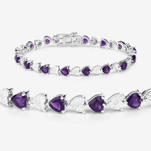 Pulsera de amatista genuina de 6,59 quilates y diamantes blancos de plata esterlina .925