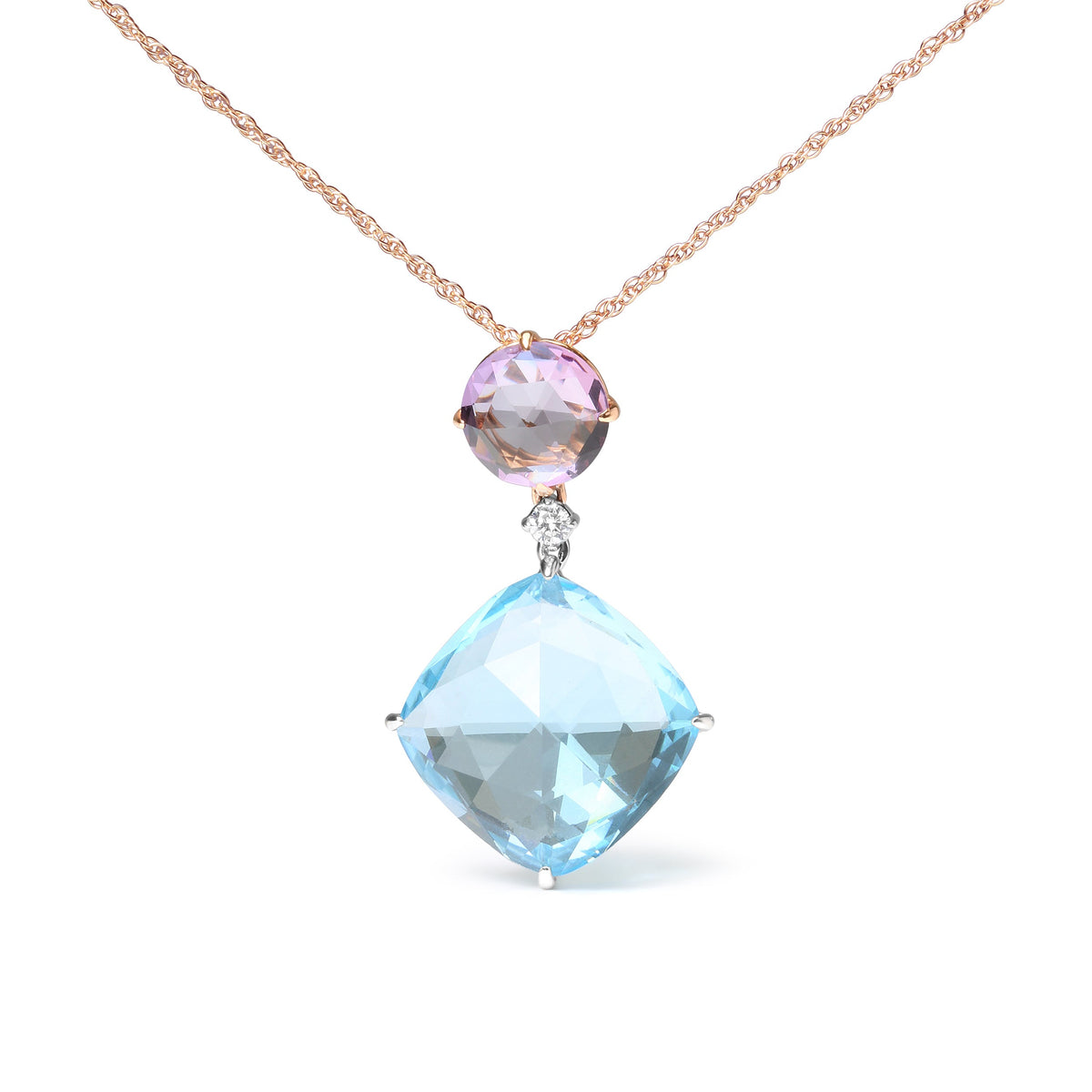 Collar con colgante de oro blanco y rosa de 18 quilates con acento de diamante redondo y amatista rosa de Francia redonda y topacio azul cielo de talla cojín, 18 pulgadas (Color G-H, Claridad SI1-SI2)