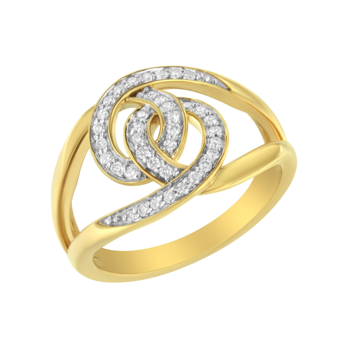 Anillo de oro amarillo de 14 quilates chapado en plata de ley .925 con diamantes de 0,25 quilates engastados en bucles entrelazados de vástago abierto (Color I-J, Claridad I1-I2) - Talla 7