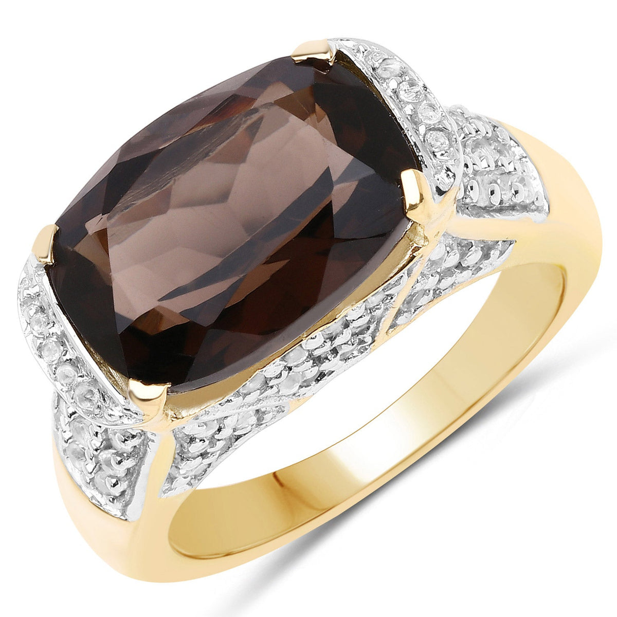 Anillo de Plata Fina de .925 con Cuarzo Ahumado Genuino de 6.65 Quilates y Topacio Blanco