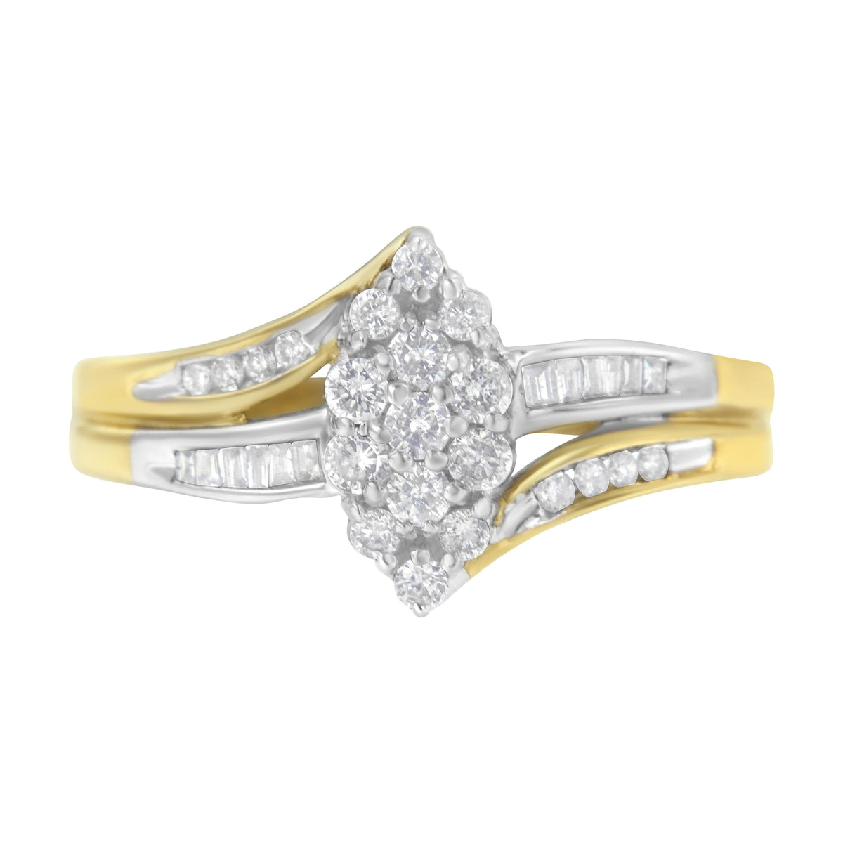 Anillo de racimo con forma de marquesa de diamante de 1/2 quilate de oro amarillo y blanco de 10 quilates con vástago dividido (color H-I, claridad SI2-I1) - Talla 7