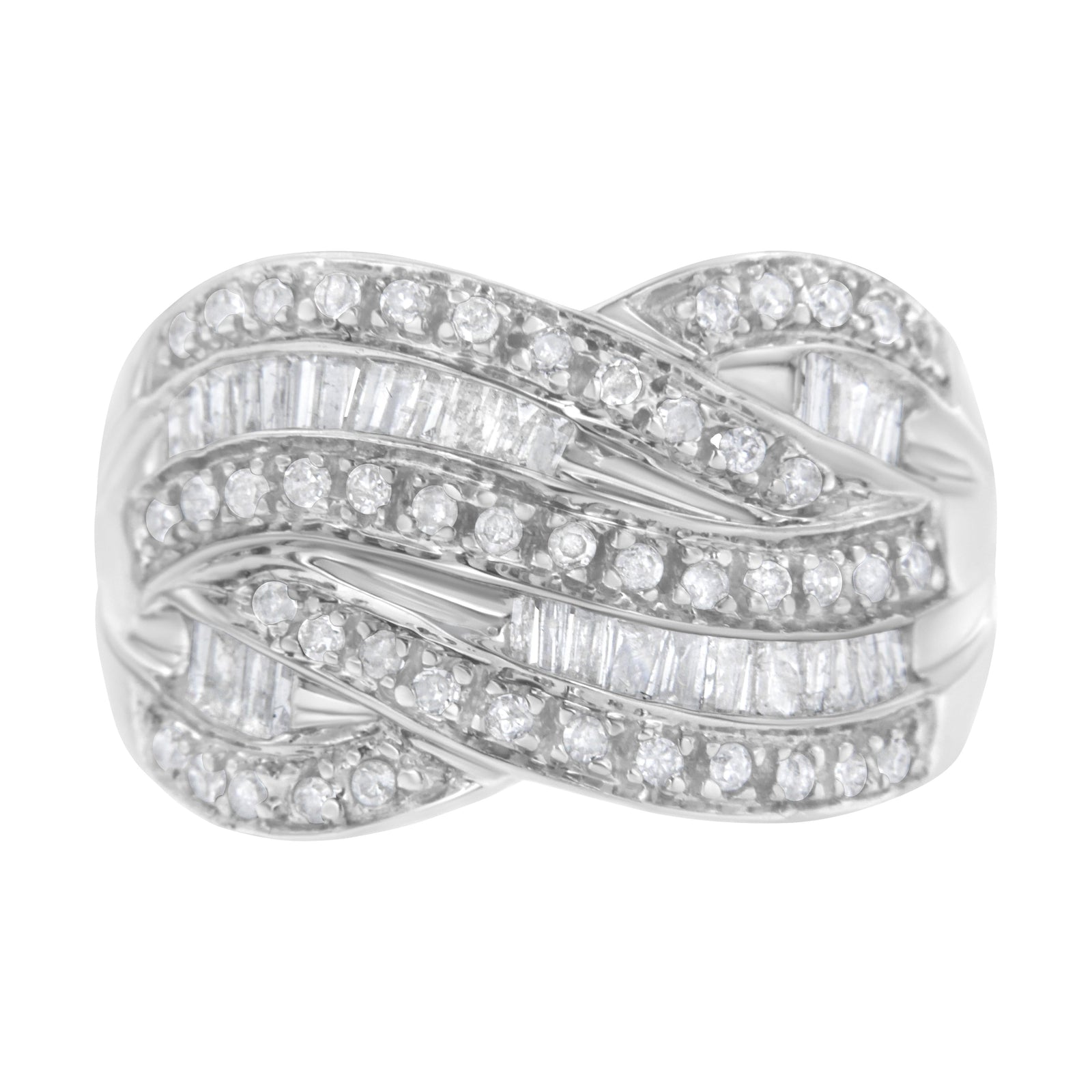 Anillo de plata de ley .925 de 1.0 Cttw con canal, diamantes redondos y baguette alternados, diseño cruzado (color I-J, claridad I2-I3) - Talla 7