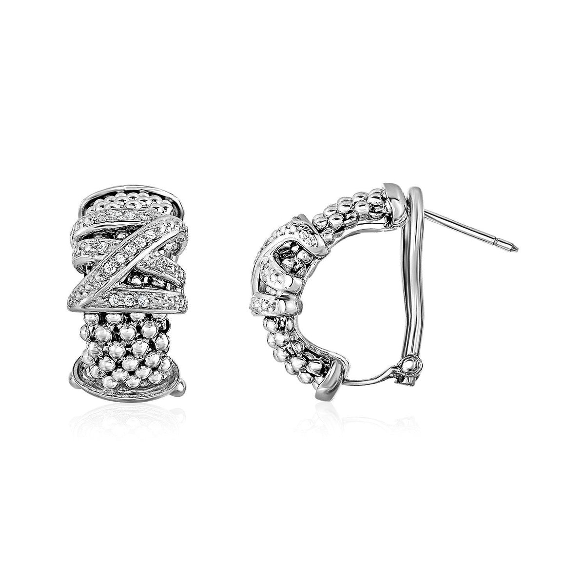 Pendientes de Plata de Ley con Textura de Palomitas, Motivo Cruzado y Diamantes
