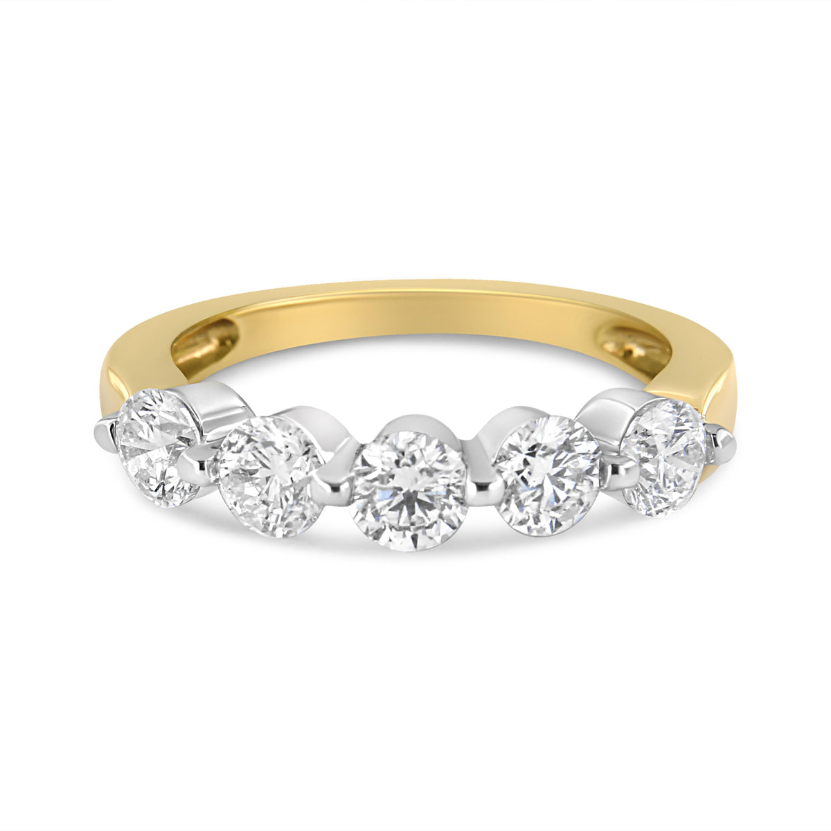 Anillo de 5 piedras de oro blanco y amarillo de 14 quilates con diamantes redondos de 1,5 quilates engastados con 2 puntas (color H-I, claridad SI2-I1) - Talla 7