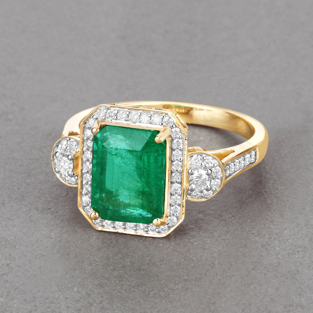 Anillo de oro amarillo de 14 quilates con esmeralda zambiana auténtica de 2,87 quilates certificada por IGI y diamantes blancos
