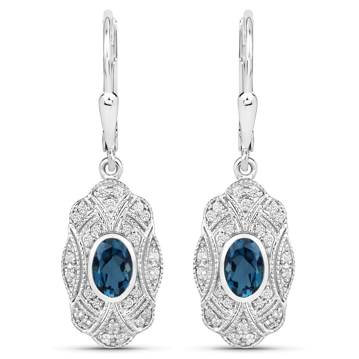 1.32 Carat Genuine London Blue Topaz and White Topaz .925 Sterling Silver Earrings - изображение 2 из 12