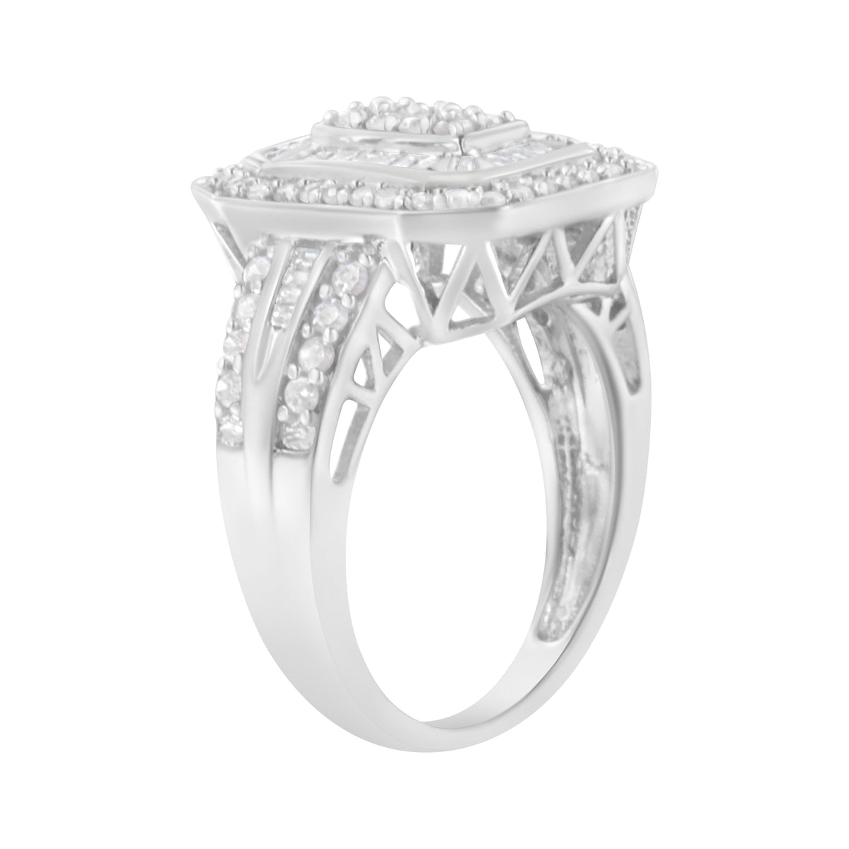 Anillo de plata de ley .925 con diamantes redondos y baguette en engaste catedral (0.75 Cttw, color H-I, claridad I2-I3) - Talla 7