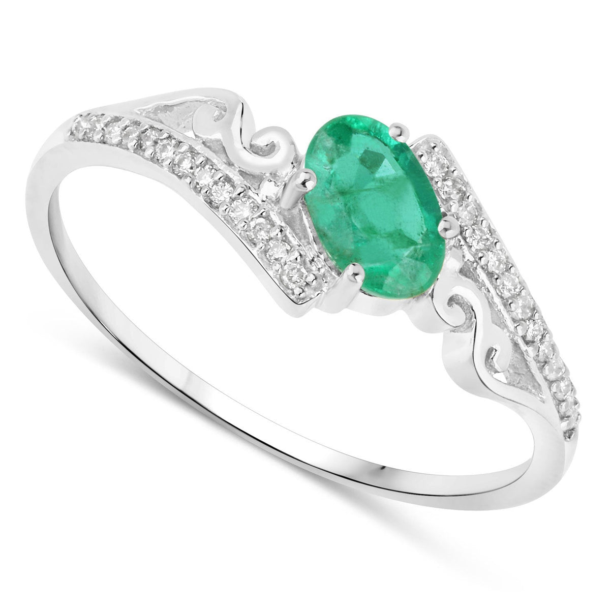 Anillo de oro blanco de 14K con esmeralda genuina de Zambia de 0,51 quilates y diamantes blancos