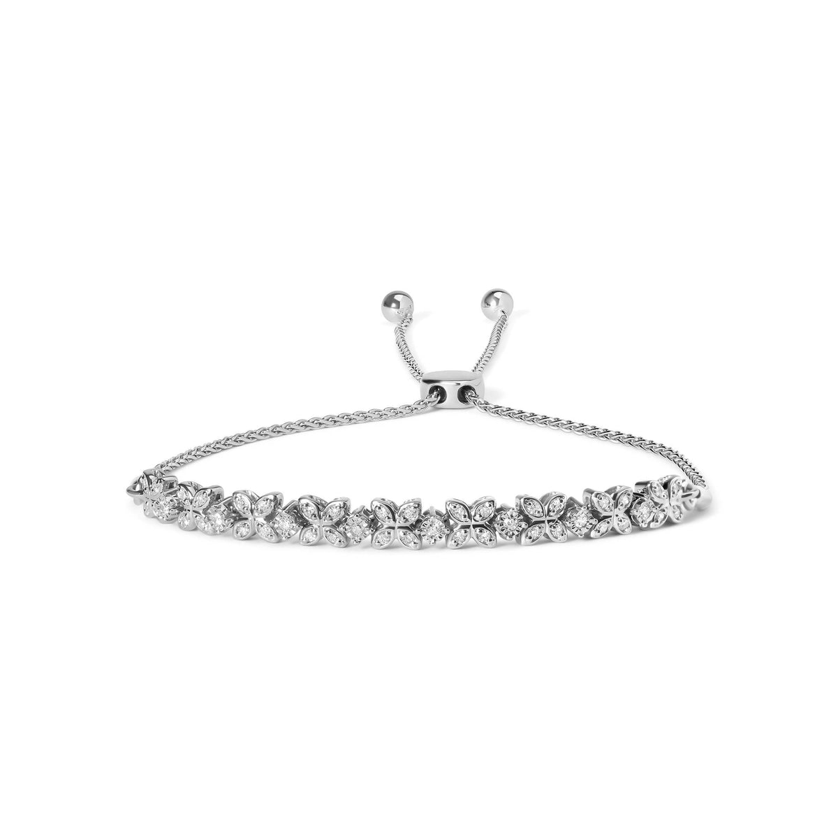 Pulsera ajustable tipo bolo de 4 a 10 pulgadas con diamantes de 1/4 TC en forma de marquesa y eslabones de plata de ley .925 (Color I-J, Claridad I1-I2)