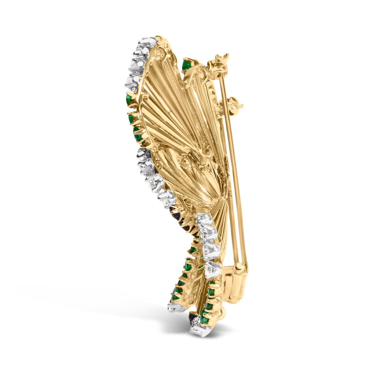 Broche de oro amarillo de 18K con diseño de pétalos esculpidos, diamantes (2 1/3 Cttw), zafiros y esmeraldas (color G-H, claridad VS1-VS2)