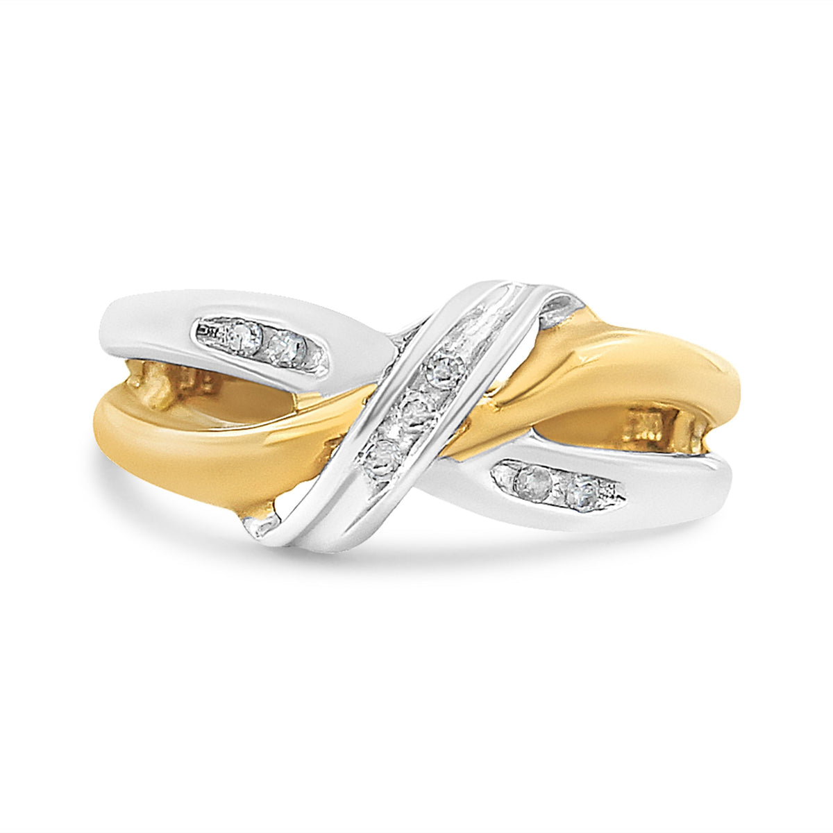Anillo de oro amarillo y blanco de 10 quilates con diamantes de talla redonda de 1/20 quilates y diseño en bypass (Color I2, Claridad I-J)