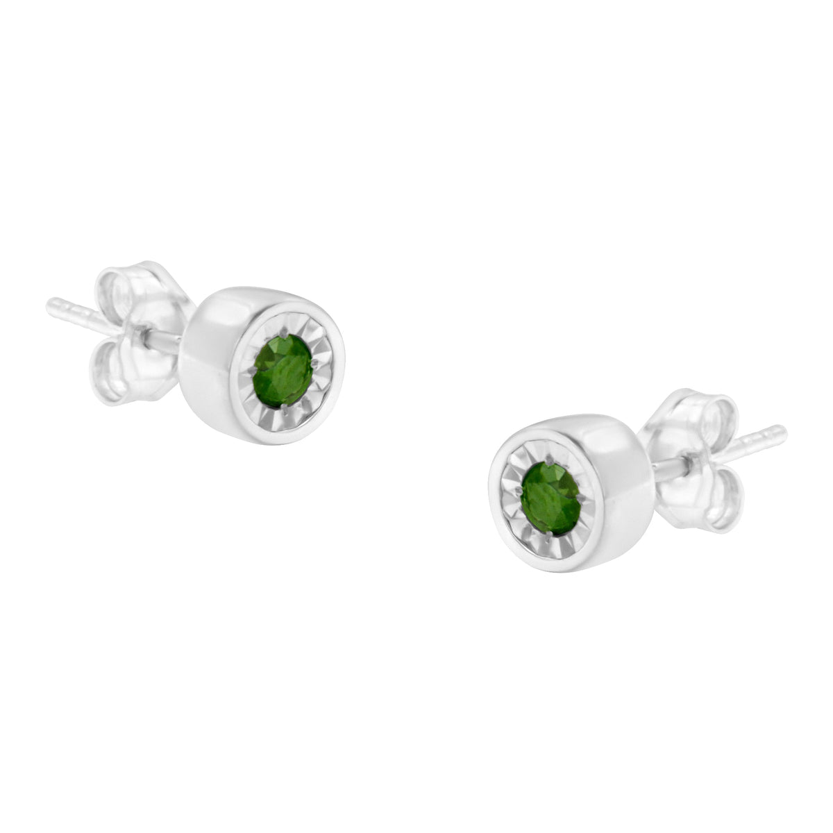Pendientes de tuerca de plata esterlina .925 con diamante verde de talla brillante redondo de 1/5 Cttw, engaste milagroso (Color de fantasía mejorado, Claridad I1-I2)