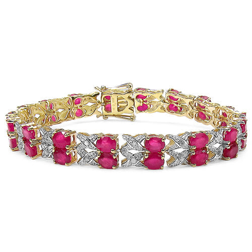 Pulsera de plata de ley .925 bañada en oro amarillo de 14 quilates con rubíes auténticos con relleno de vidrio de 18,32 quilates y diamantes blancos