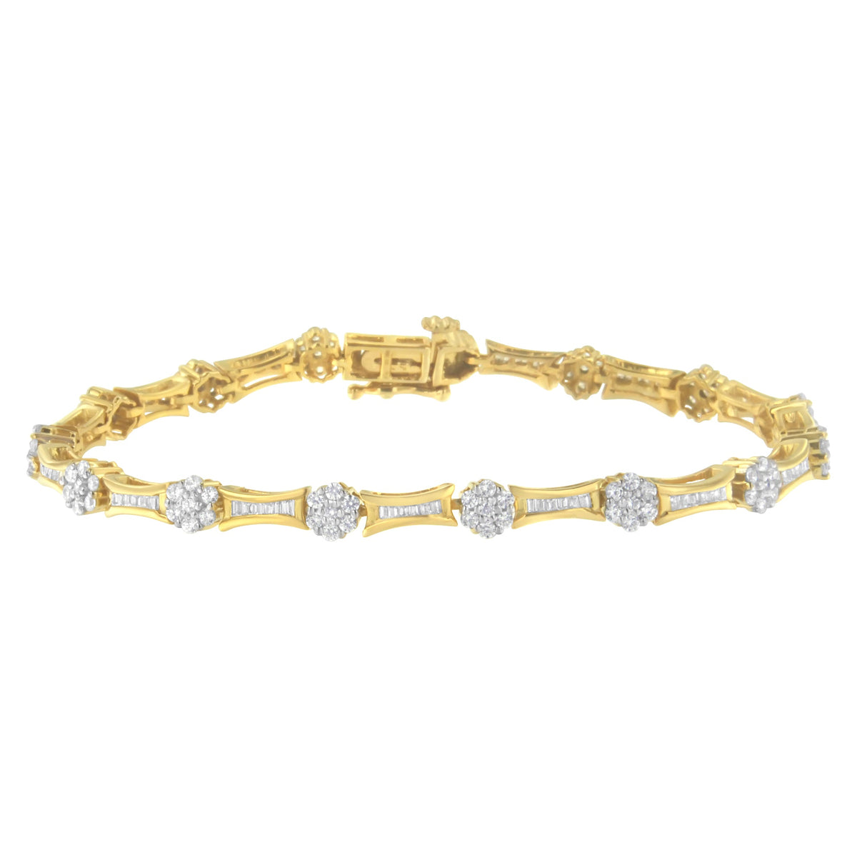 Pulsera de eslabones de diamantes de talla redonda y baguette de oro amarillo y blanco de 10 quilates con un peso total de 2.00 quilates (color I-J, claridad I2-I3) - Talla 7.25"