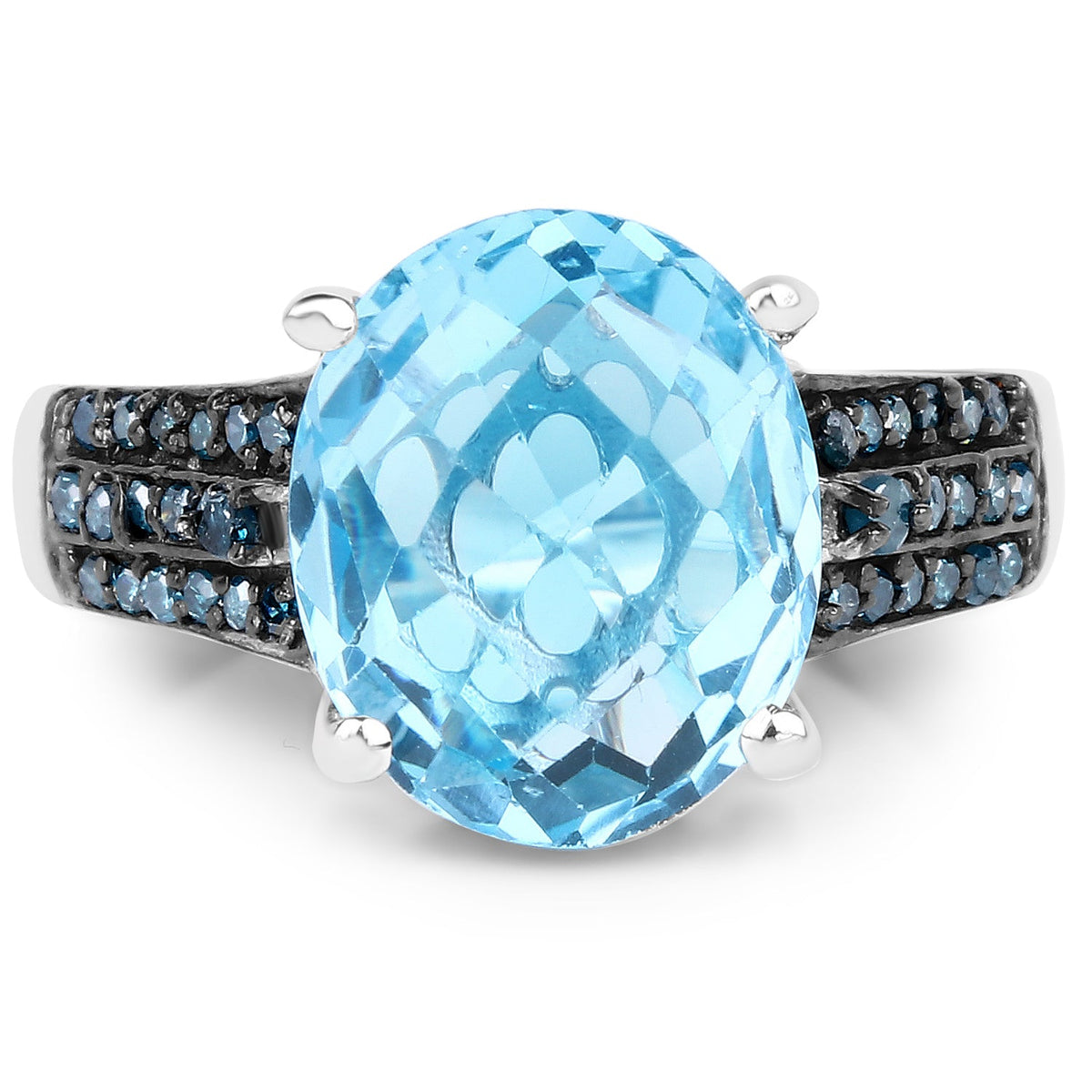 Anillo de plata de ley .925 con topacio azul suizo auténtico de 5,51 quilates y diamantes azules