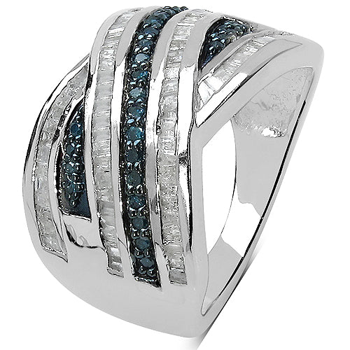 Anillo de plata de ley .925 con diamante azul genuino de 1.02 quilates y diamante blanco