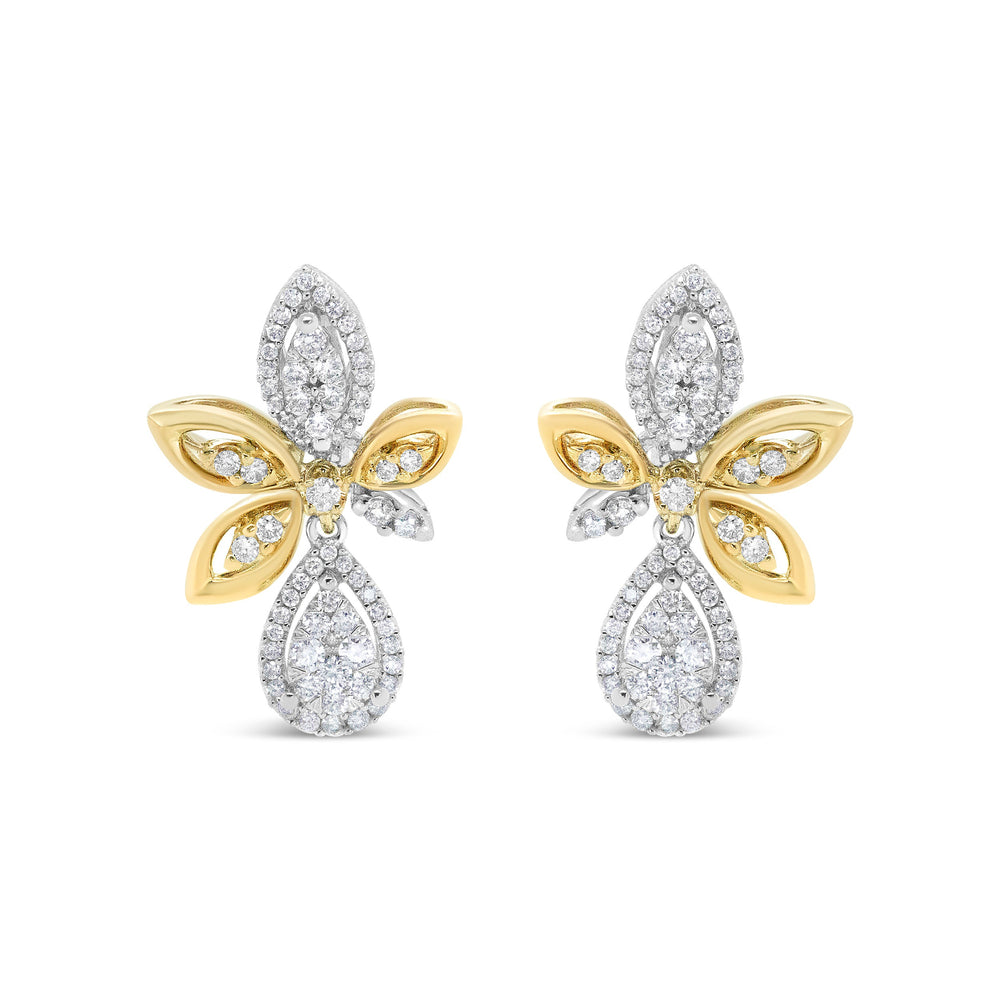 14K White and Yellow Gold 1.00 Cttw Round Pave-Set Diamond Teardrop and Marquise Shape Drop Dangle Earrings (H-I Color, SI1-SI2 Clarity)