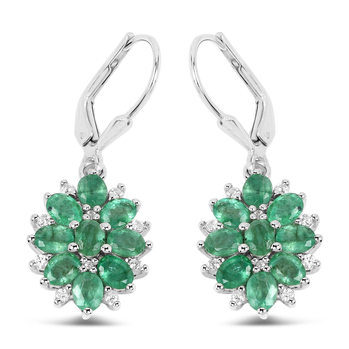 Pendientes de Plata de Ley .925 con Esmeralda Zambiana Genuina de 3,04 Quilates y Circones Blancos