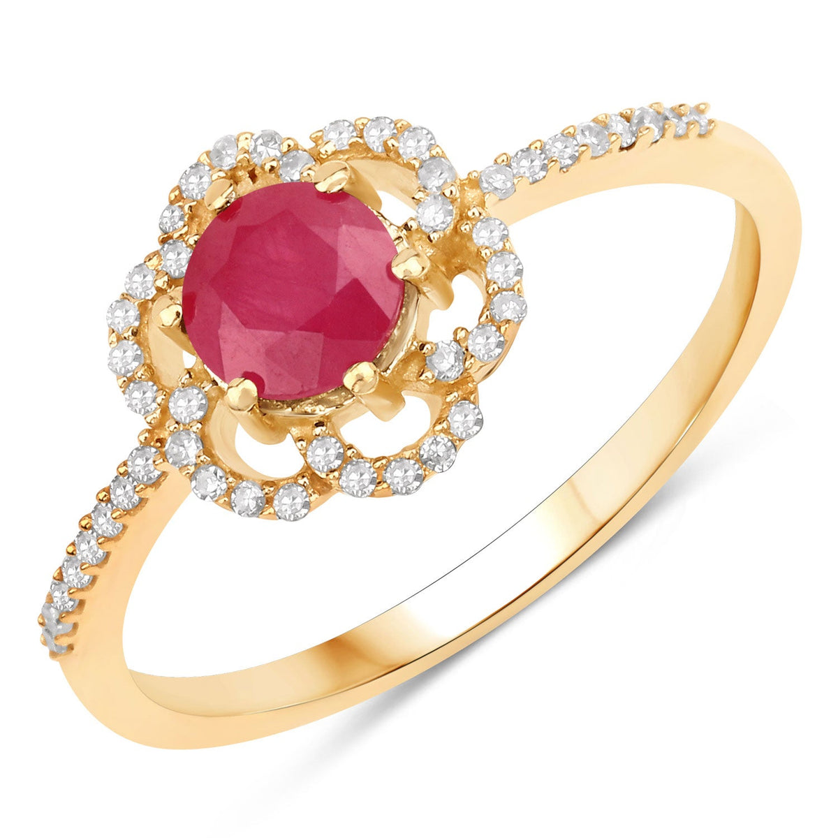 Anillo de oro amarillo de 14K con rubí genuino de 0,68 quilates y diamantes blancos