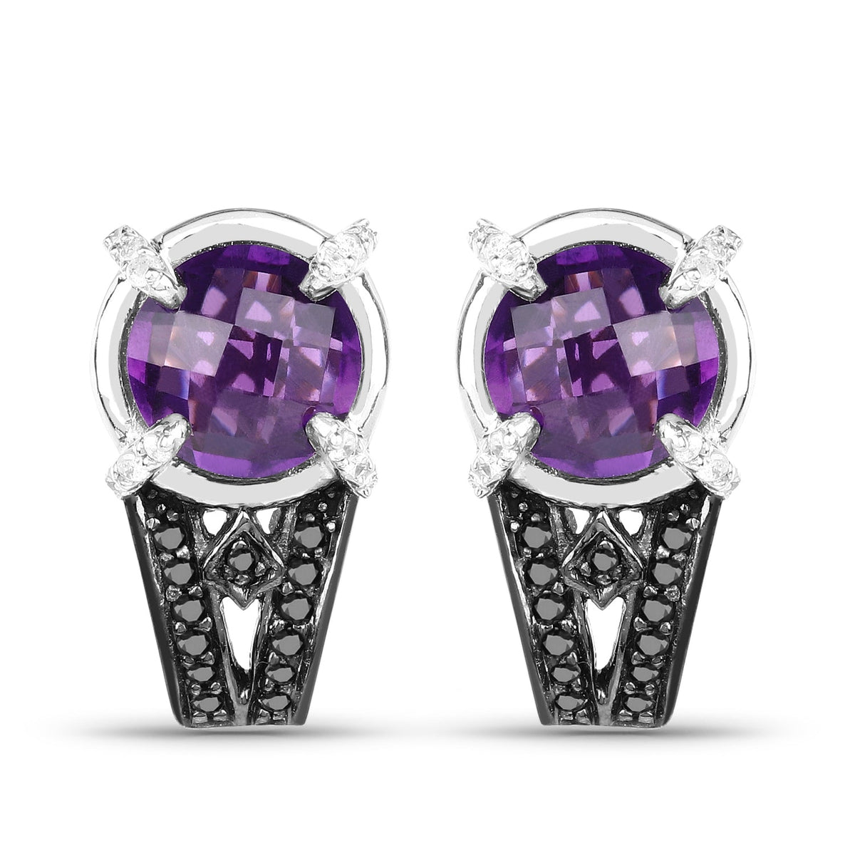 Pendientes de plata de ley .925 con amatista genuina de 3,61 quilates, diamantes negros y diamantes blancos