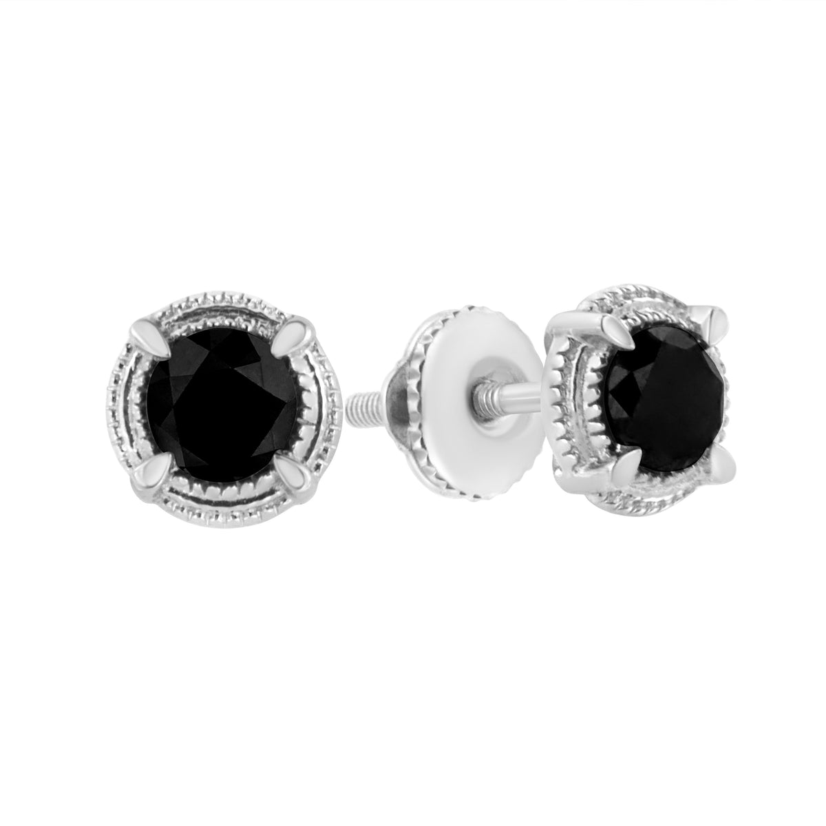 Pendientes de botón solitarios de doble halo de diamantes de 1-1/2 quilates de peso total, de plata de ley .925 bañada en rodio negro, con montura de 4 garras y milgrain (color H-I, claridad I2-I3)