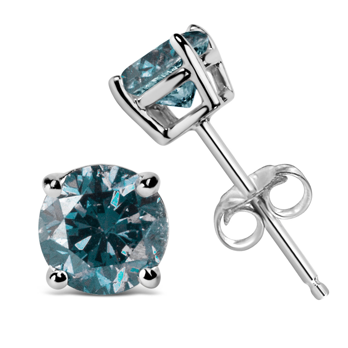 Pendientes de tuerca solitarios clásicos de oro blanco de 14 quilates con diamantes azules cultivados en laboratorio de talla brillante redonda de 1/2 quilate (Color azul, Claridad VVS2-VS1)