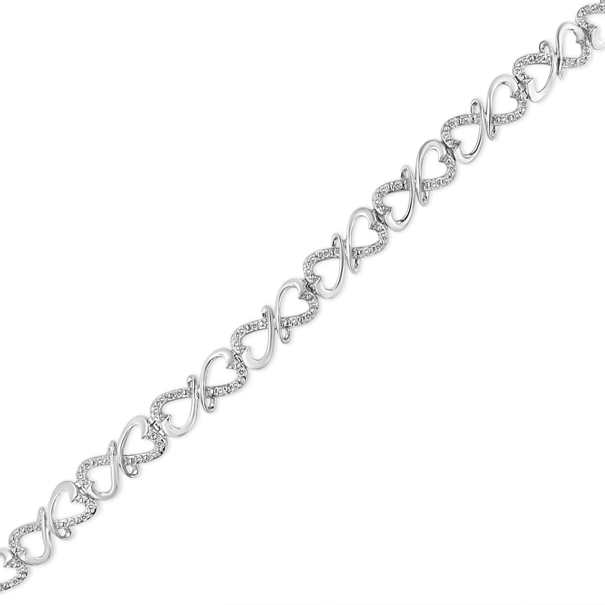 Pulsera de plata de ley 925 con diseño de doble corazón e infinito con diamantes de talla redonda de 0,33 qt (color H-I, claridad I3), 18,4 cm