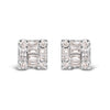 10K White Gold 1/7 Cttw Round and Baguette Diamond Mosaic Square Stud Earrings (H-I Color, I1-I2 Clarity)