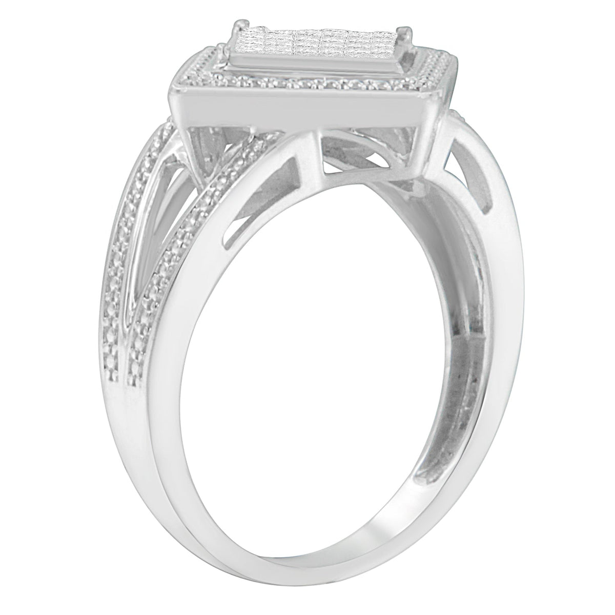 Anillo de plata de ley .925 con 1/3 Cttw de diamante de talla princesa en engaste invisible con rombo y halo de cuentas (color H-I, claridad SI1-SI2) - Talla de anillo 7