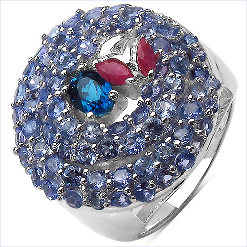 Anillo de Plata Fina de .925 con Topacio Azul Londres Genuino de 3.31 Quilates, Rubí y Tanzanita