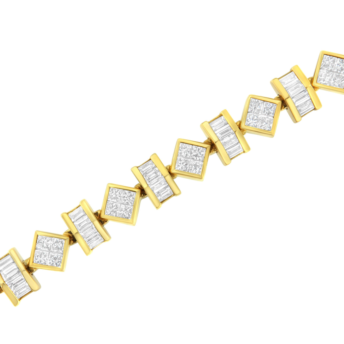 Pulsera de eslabones geométricos de oro amarillo de 14 quilates con diamantes talla princesa y baguette de 7,50 quilates en total