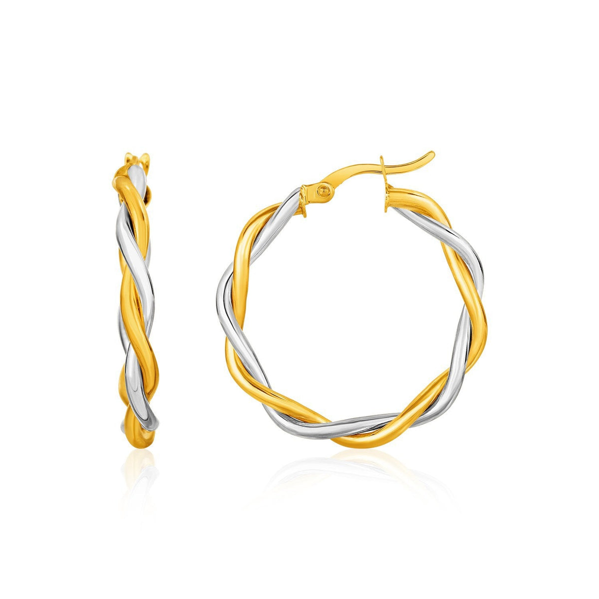 Aretes de aro redondos de alambre retorcido bicolor en oro amarillo y blanco de 10k