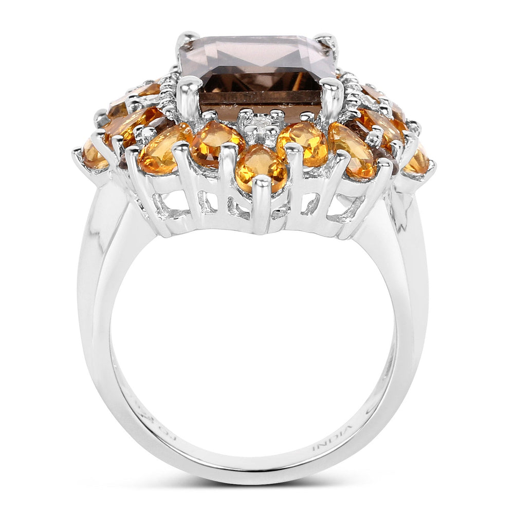 Anillo de plata de ley .925 con cuarzo ahumado, citrino y diamante blanco auténticos de 6,72 quilates