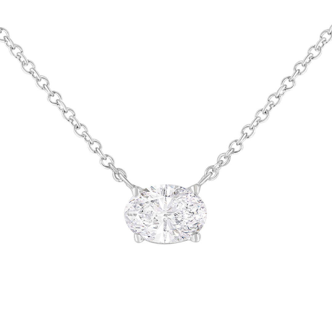 Collar con colgante de 18" de oro blanco de 14k con diamante solitario ovalado cultivado en laboratorio de 1/2 quilate de peso total, orientación este-oeste, certificado por IGI (color E-F, claridad VS1-VS2)