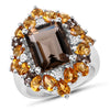 Anillo de plata de ley .925 con cuarzo ahumado, citrino y diamante blanco auténticos de 6,72 quilates