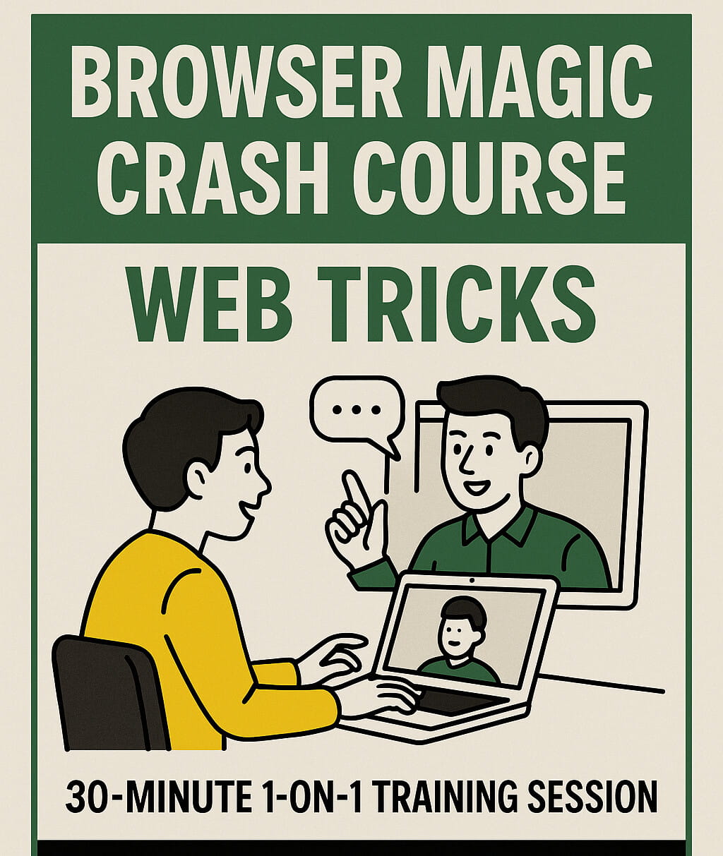 Book cover of 'Browser Magic Crash Course Web Tricks' with two people at a computer screen.