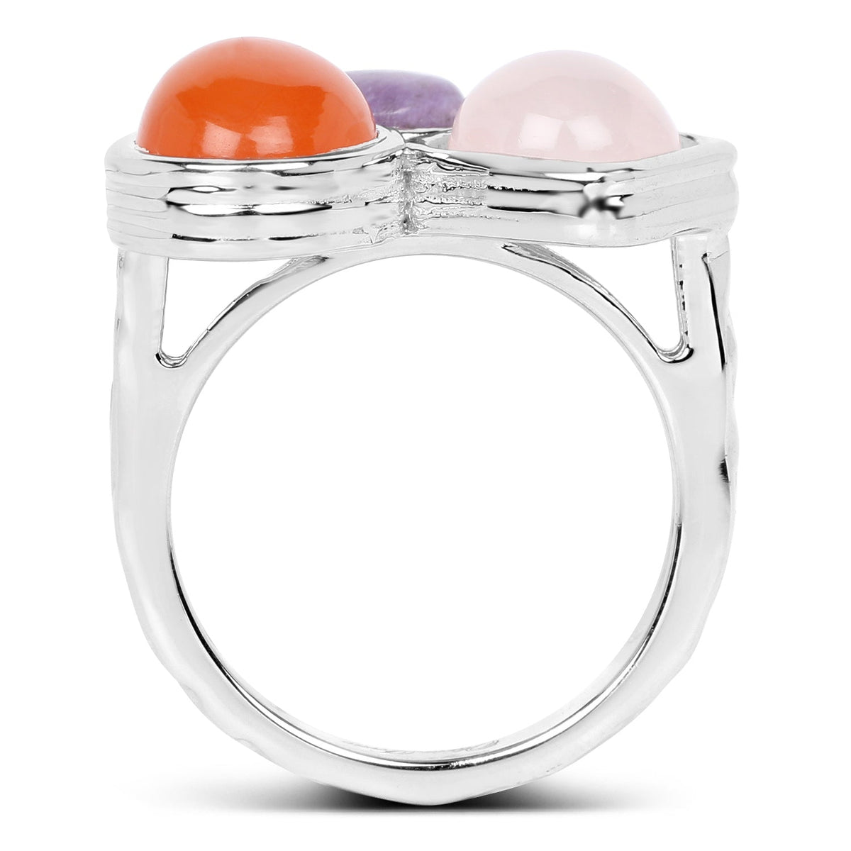 Anillo de plata de ley .925 con cuarzo rosa, cornalina y charoíta genuinos de 5,21 quilates