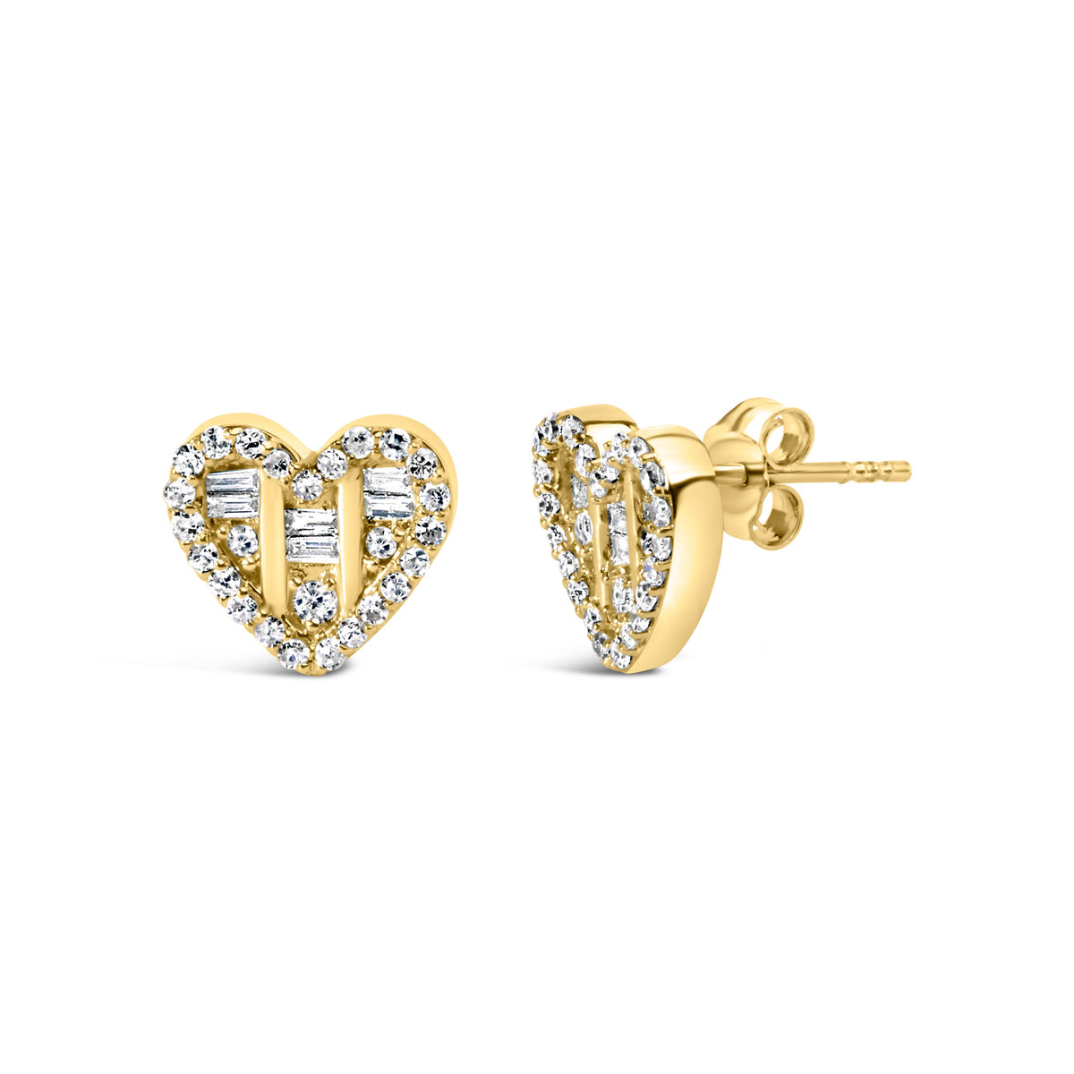 Pendientes con forma de corazón en oro amarillo de 14 quilates chapado en plata de ley .925 con diamantes redondos y baguette de 1/2 quilate en total (color I-J, claridad SI2-I1)