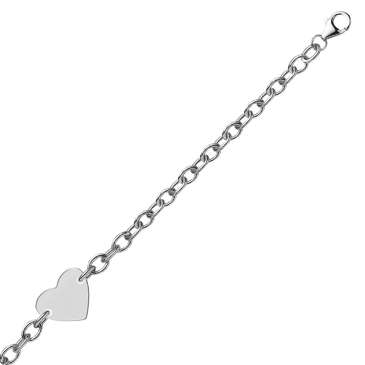 Pulsera de cadena de plata de ley con baño de rodio y corazón plano